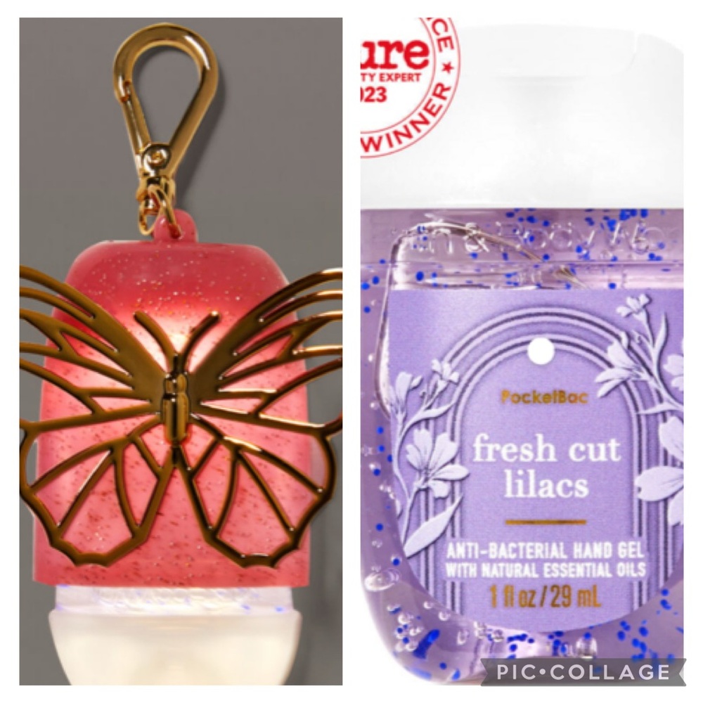 NWT B&BW Pink & Gold Butterfly PocketBac Holder + Fresh Cut Lilacs Sanitzer